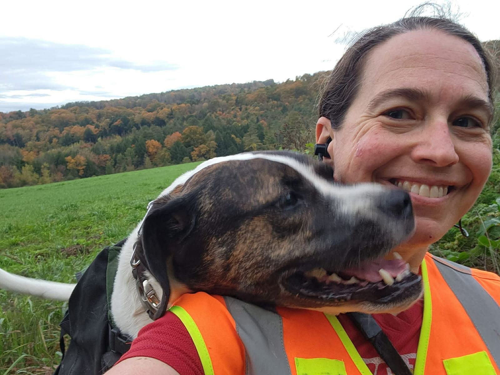 Portrait of Julie Paye, board member, on a Vermont hike with a brindle-and-white rescue dog